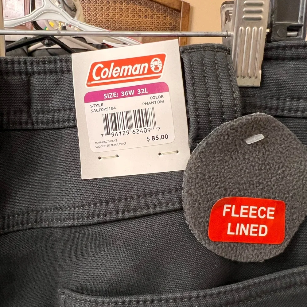 Coleman Fleece Lined Pants Mens 36x32 Workwear Utility Outdoor Black NWT